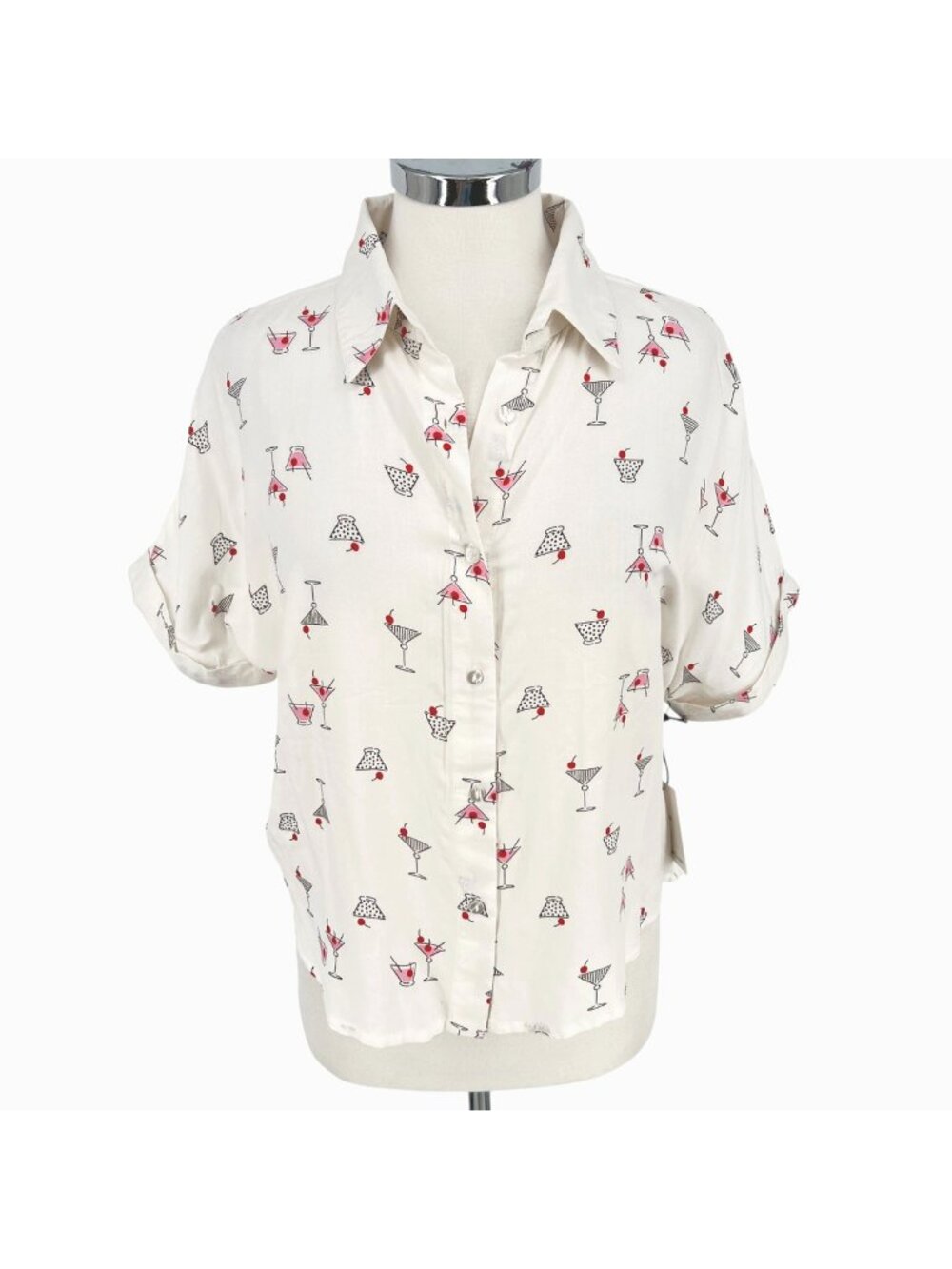 Japna Cocktail Martini Print White Button-Down Shirt Kitschy Camp Size Small NWT